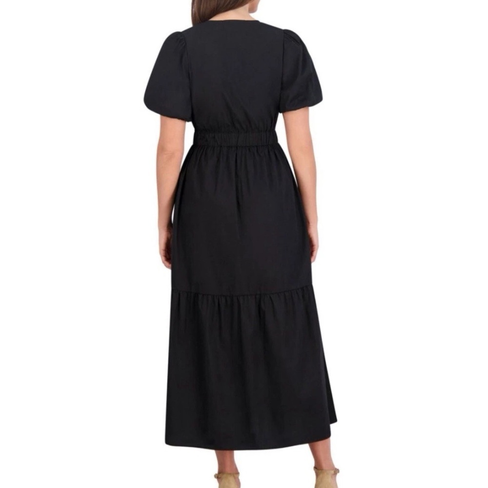 French Connection Bubble Sleeve Poplin Tiered Smocked Waist Dress Black Medium - Picture 3 of 13